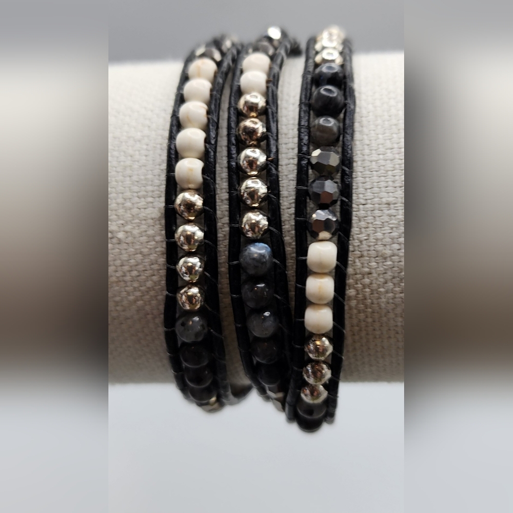 Boho Betty Silver Black white gray Grey Beaded Wrap Bracelet Leather